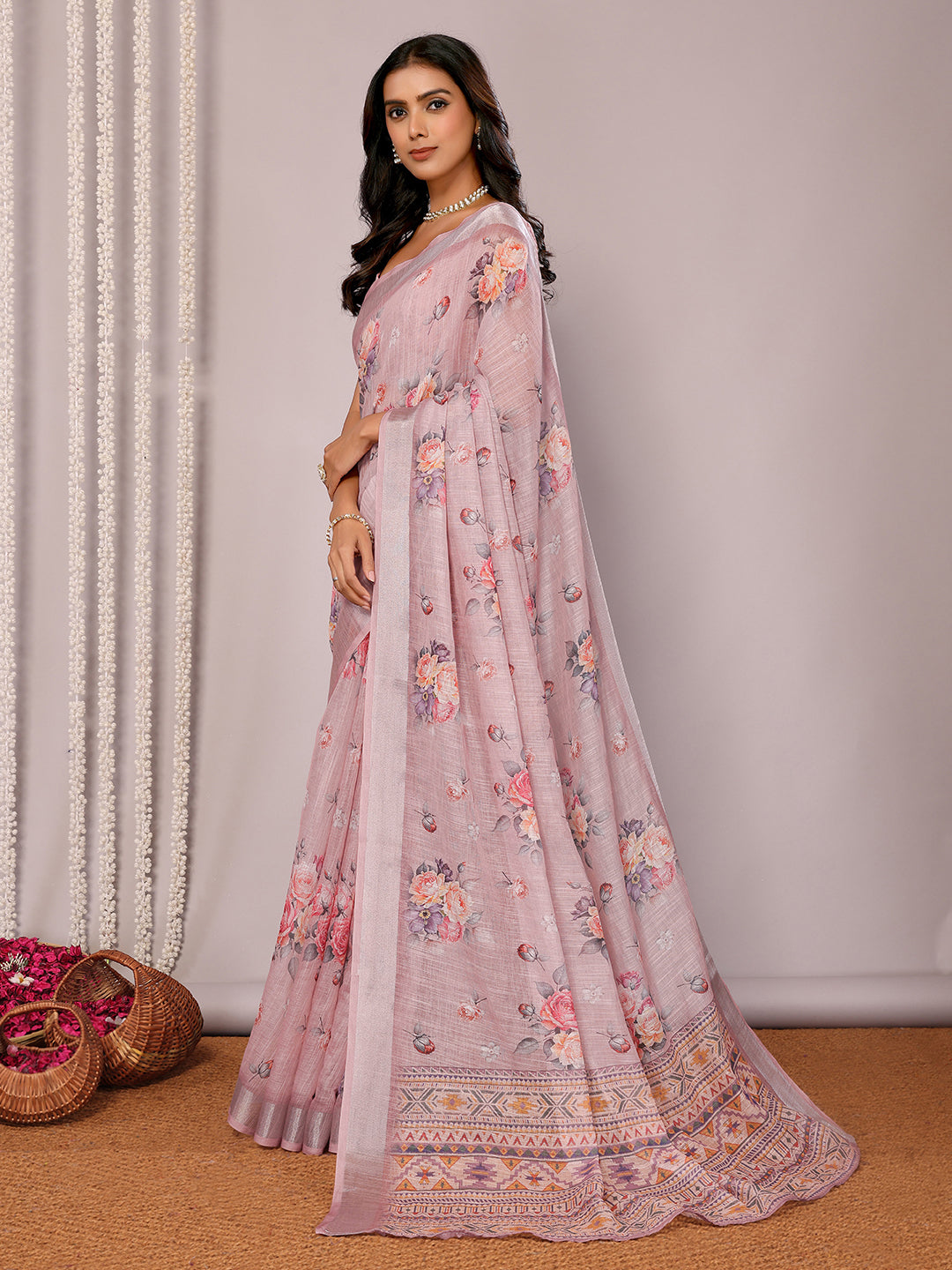 Janasya Mauve Cotton Linen Floral Printed Saree | Swadesiicart