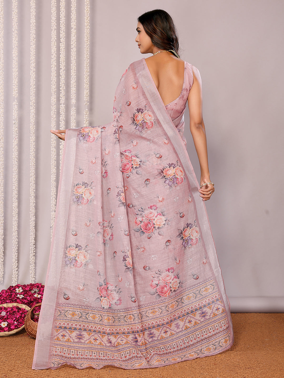 Janasya Mauve Cotton Linen Floral Printed Saree | Swadesiicart