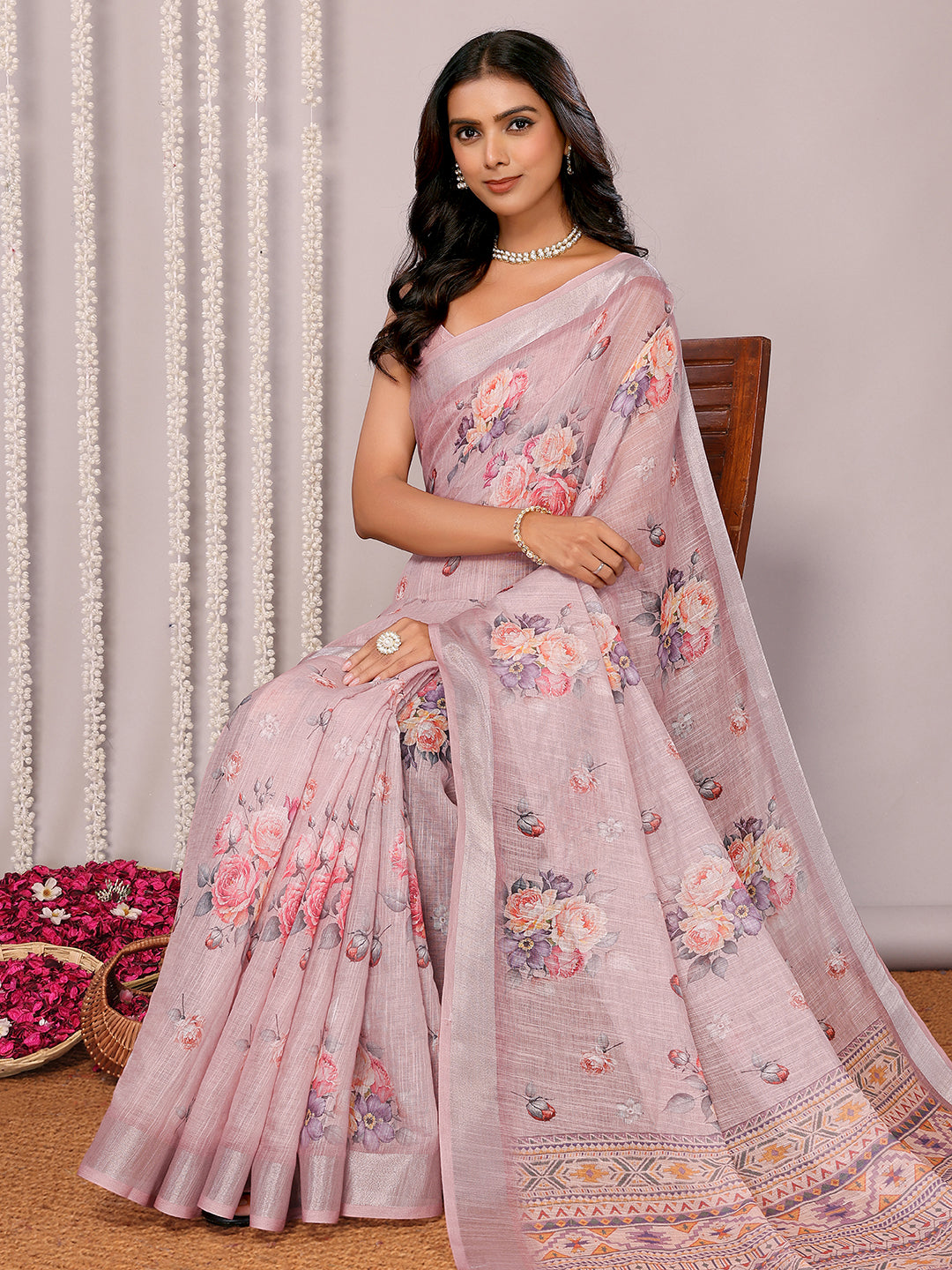Janasya Mauve Cotton Linen Floral Printed Saree | Swadesiicart