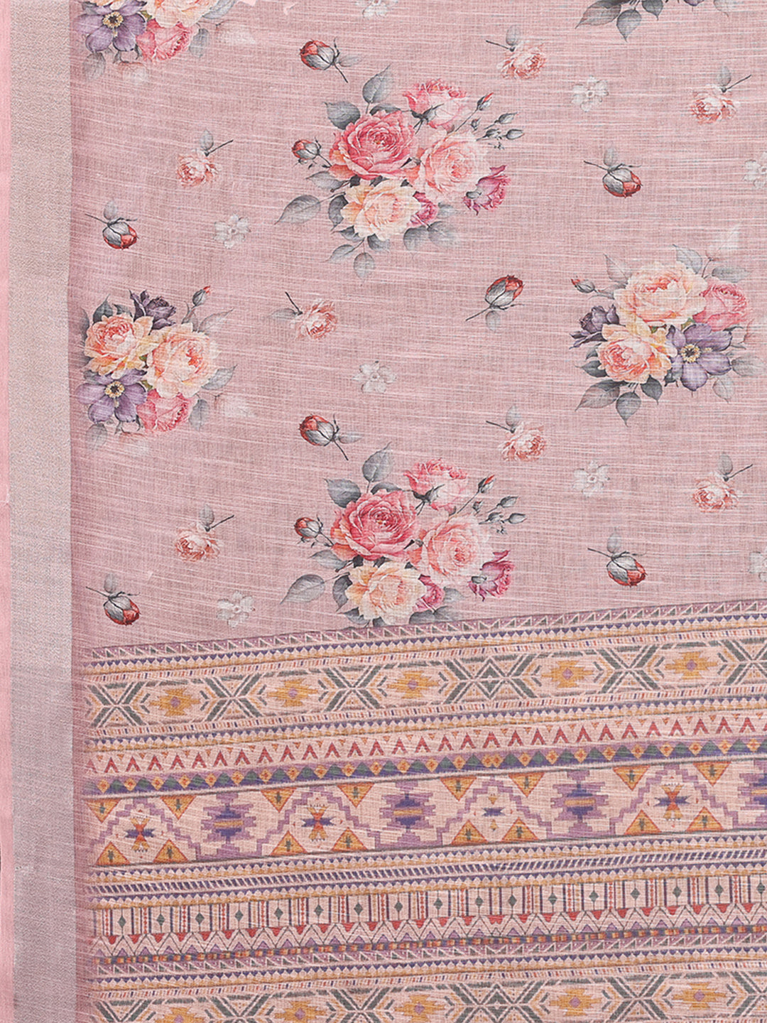 Janasya Mauve Cotton Linen Floral Printed Saree | Swadesiicart