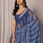 Janasya Blue Cotton Linen Geometric Printed Saree | Swadesiicart