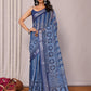 Janasya Blue Cotton Linen Geometric Printed Saree | Swadesiicart