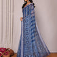 Janasya Blue Cotton Linen Geometric Printed Saree | Swadesiicart