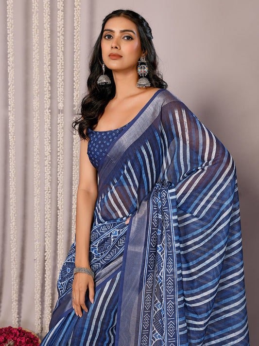 Janasya Blue Cotton Linen Geometric Printed Saree | Swadesiicart