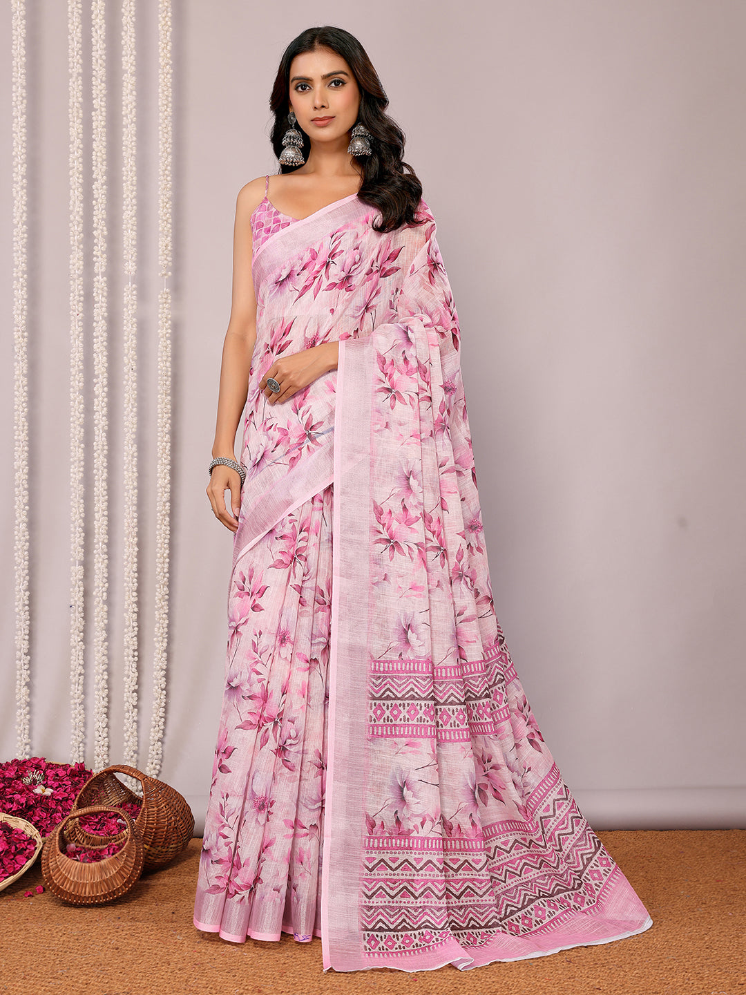 Janasya Pink Cotton Linen Floral Printed Saree | Swadesiicart