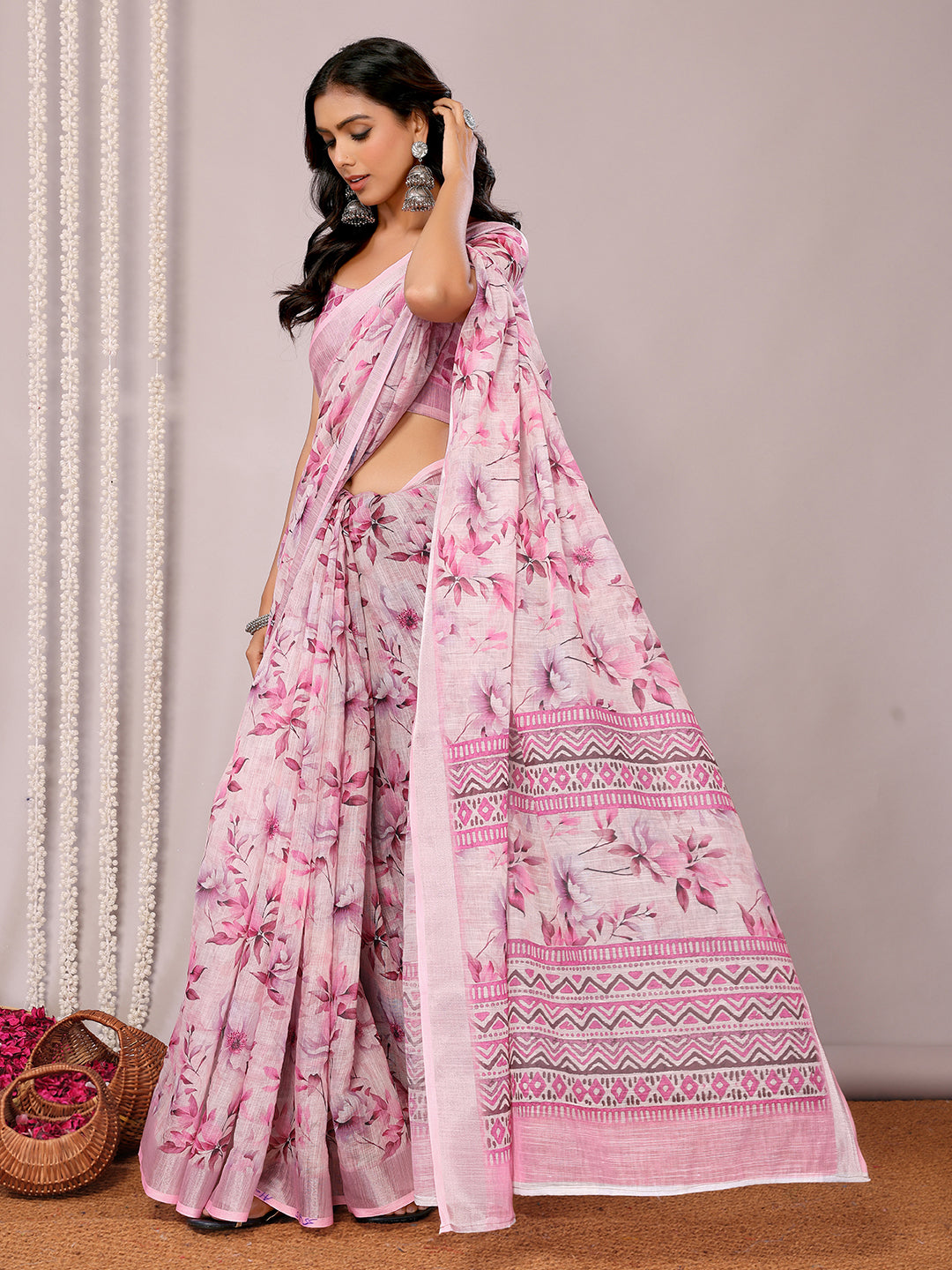Janasya Pink Cotton Linen Floral Printed Saree | Swadesiicart