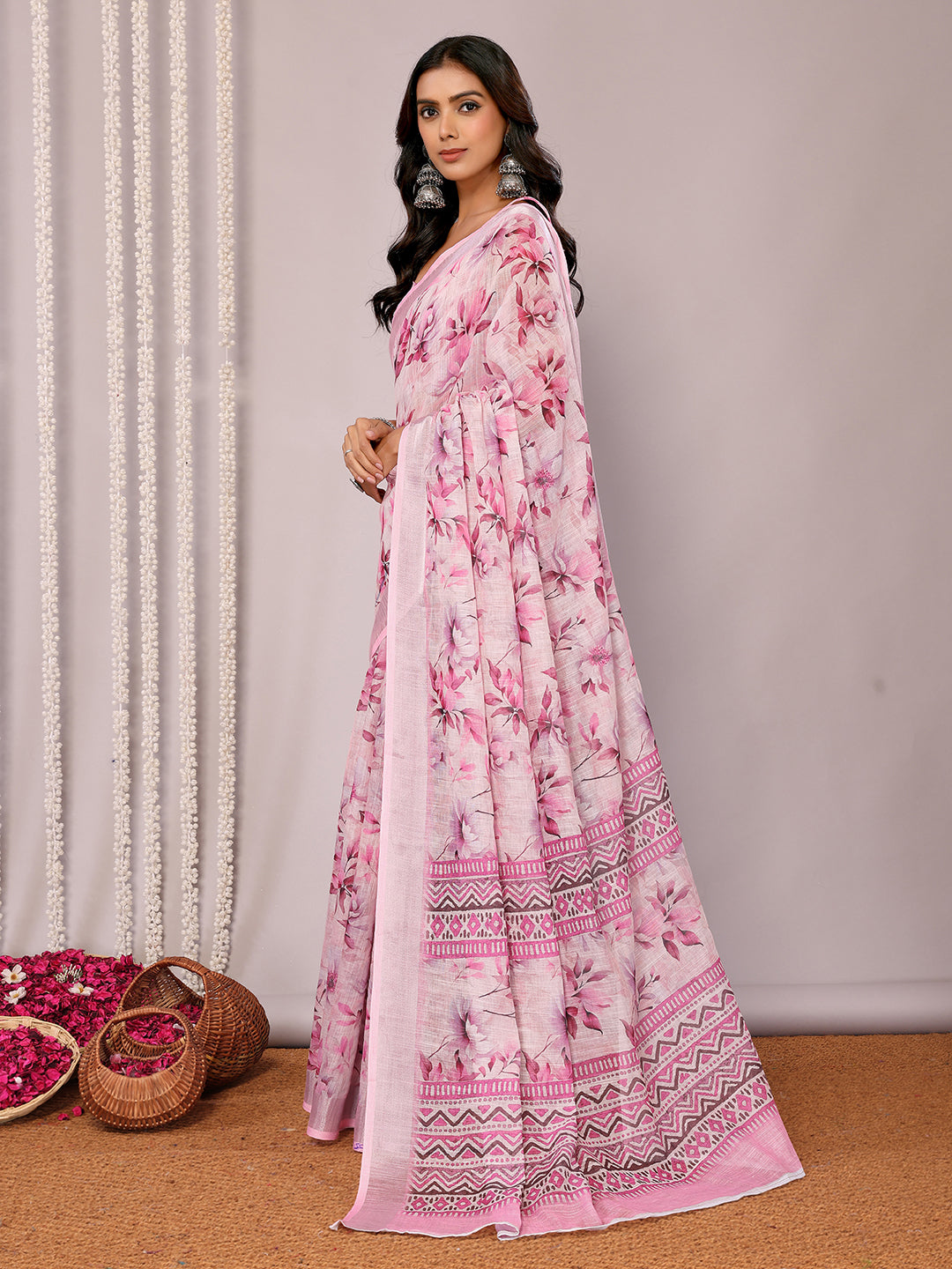 Janasya Pink Cotton Linen Floral Printed Saree | Swadesiicart