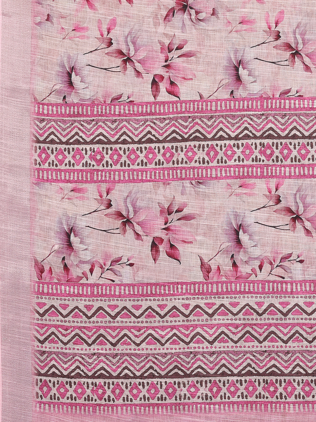 Janasya Pink Cotton Linen Floral Printed Saree | Swadesiicart