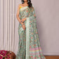 Janasya Sage Green Cotton Linen Floral Printed Saree | Swadesiicart