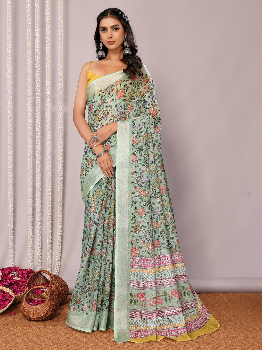 Janasya Sage Green Cotton Linen Floral Printed Saree | Swadesiicart
