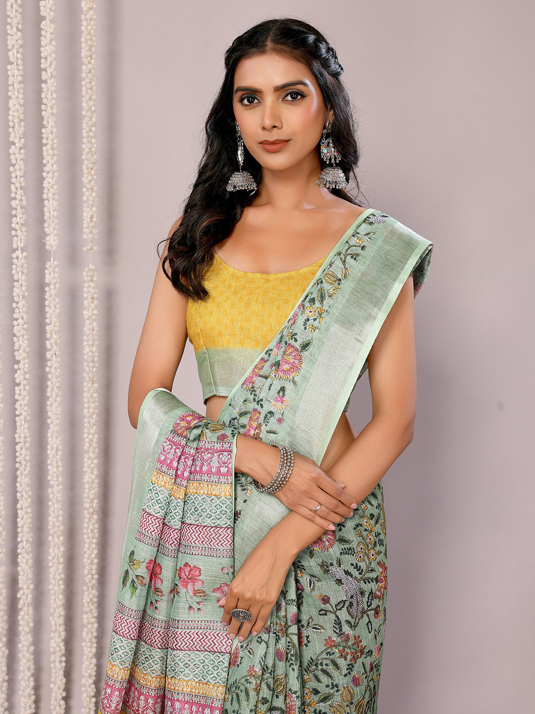Janasya Sage Green Cotton Linen Floral Printed Saree | Swadesiicart