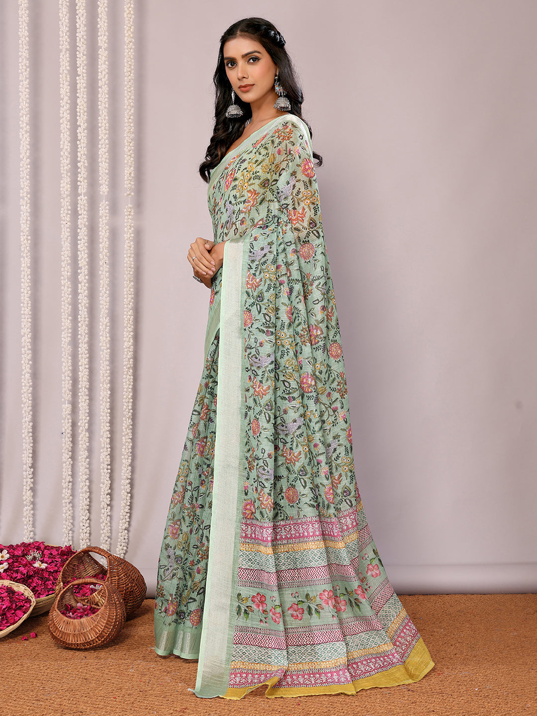 Janasya Sage Green Cotton Linen Floral Printed Saree | Swadesiicart