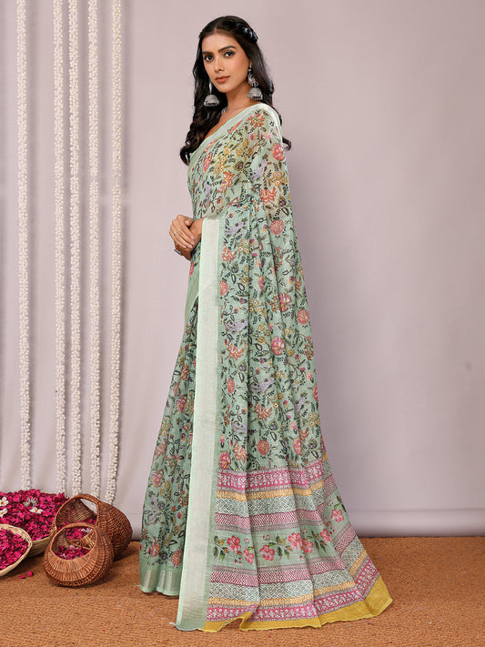 Janasya Sage Green Cotton Linen Floral Printed Saree | Swadesiicart
