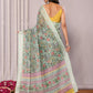 Janasya Sage Green Cotton Linen Floral Printed Saree | Swadesiicart