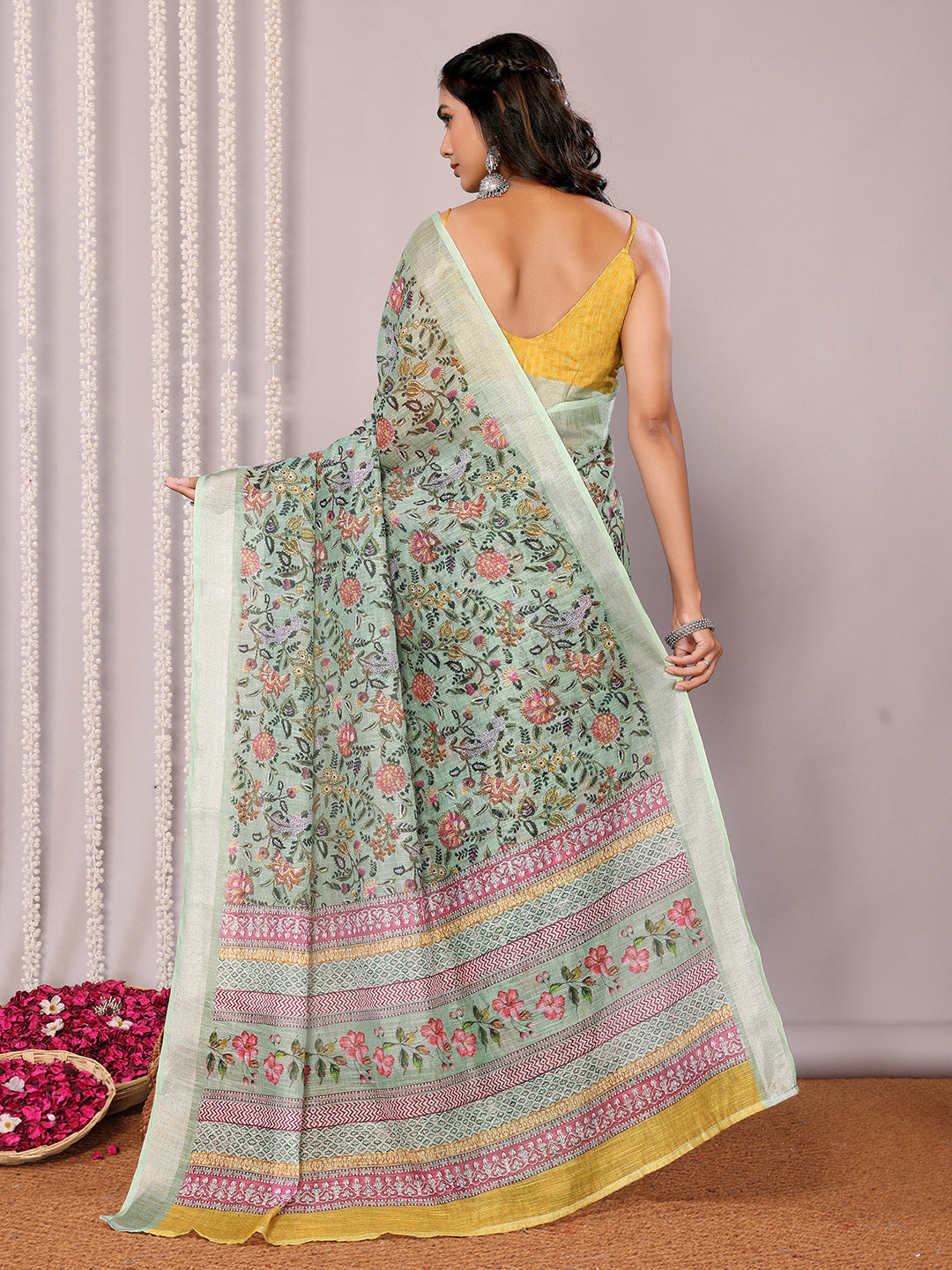 Janasya Sage Green Cotton Linen Floral Printed Saree | Swadesiicart