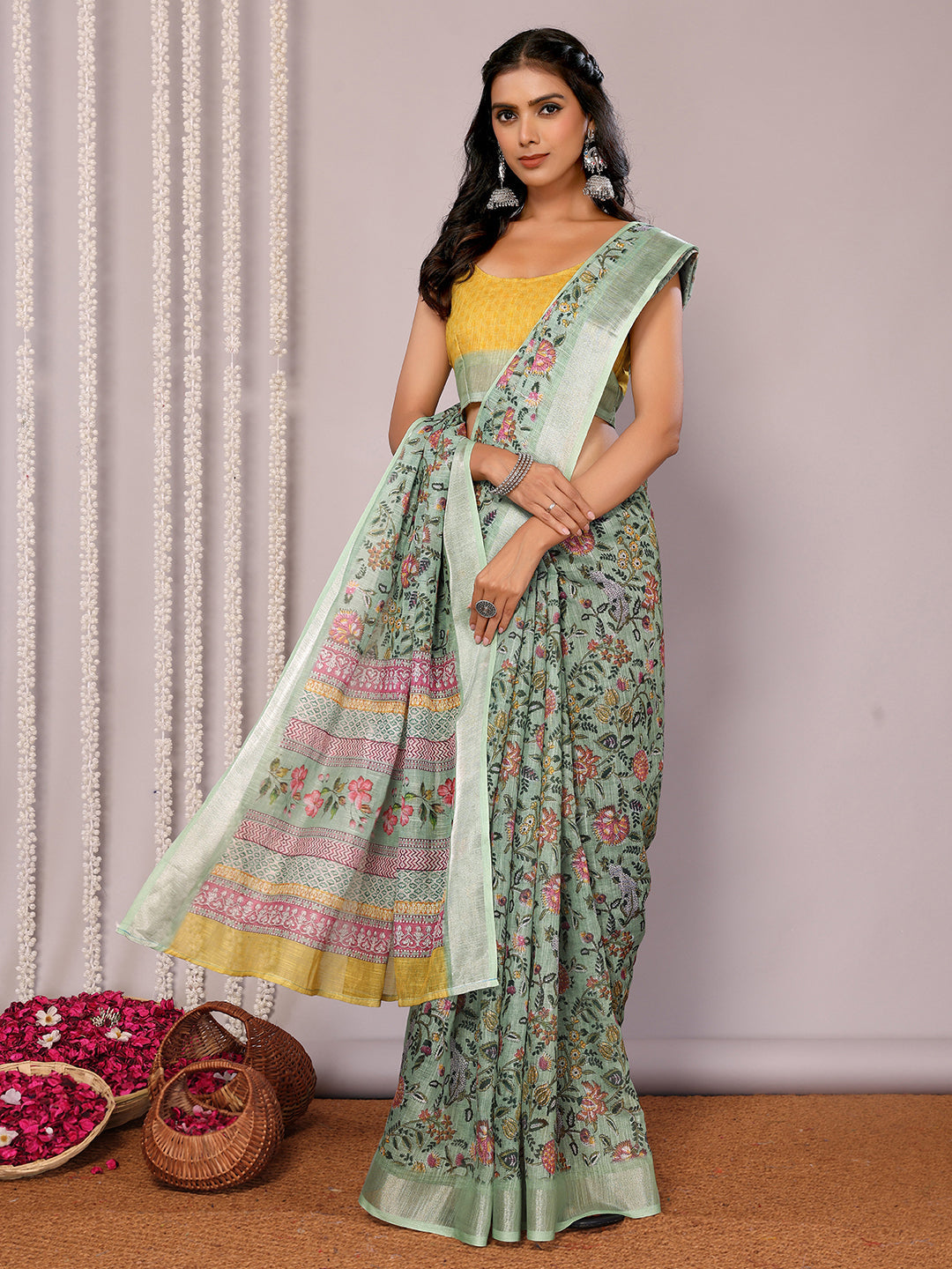 Janasya Sage Green Cotton Linen Floral Printed Saree | Swadesiicart