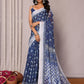 Janasya Navy Blue Cotton Linen Block Print Printed Saree | Swadesiicart