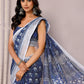 Janasya Navy Blue Cotton Linen Block Print Printed Saree | Swadesiicart