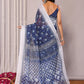 Janasya Navy Blue Cotton Linen Block Print Printed Saree | Swadesiicart