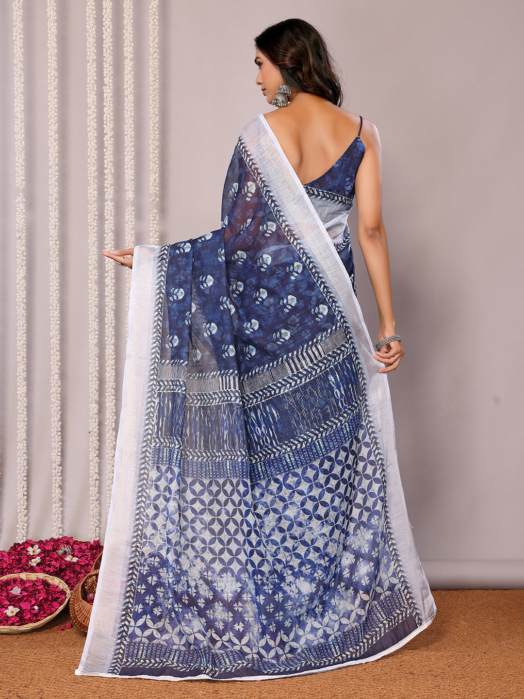 Janasya Navy Blue Cotton Linen Block Print Printed Saree | Swadesiicart