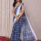 Janasya Navy Blue Cotton Linen Block Print Printed Saree | Swadesiicart