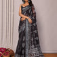 Janasya Black Cotton Linen Floral Printed Saree | Swadesiicart