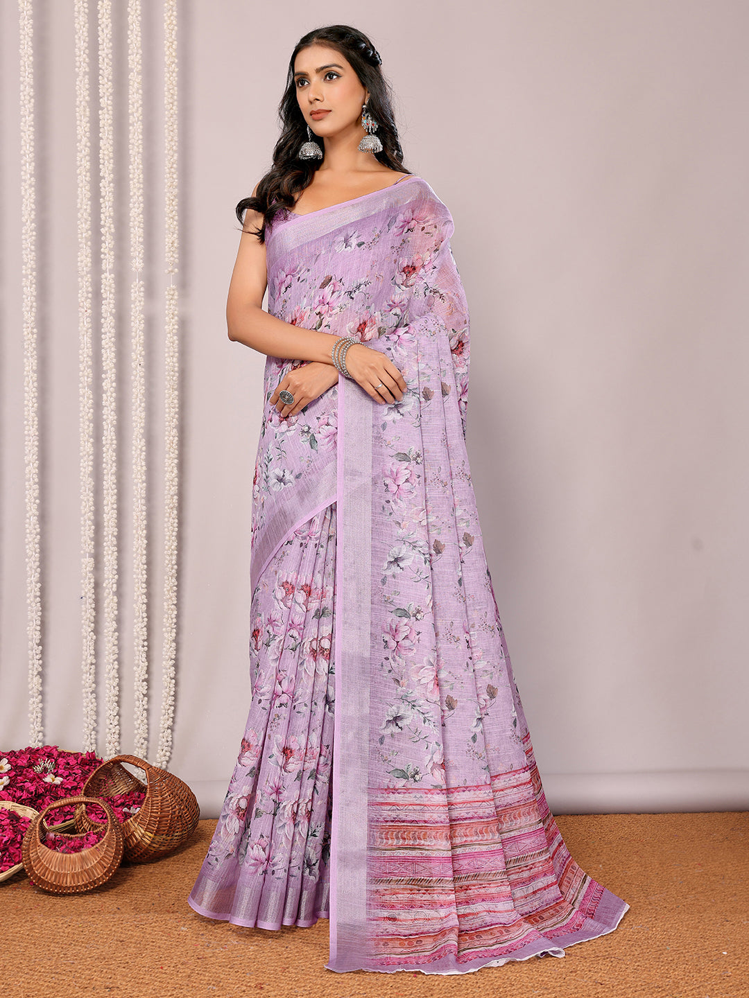Janasya Lavender Cotton Linen Floral Printed Saree | Swadesiicart