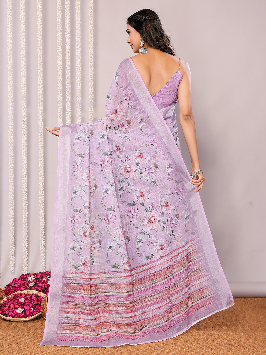 Janasya Lavender Cotton Linen Floral Printed Saree | Swadesiicart