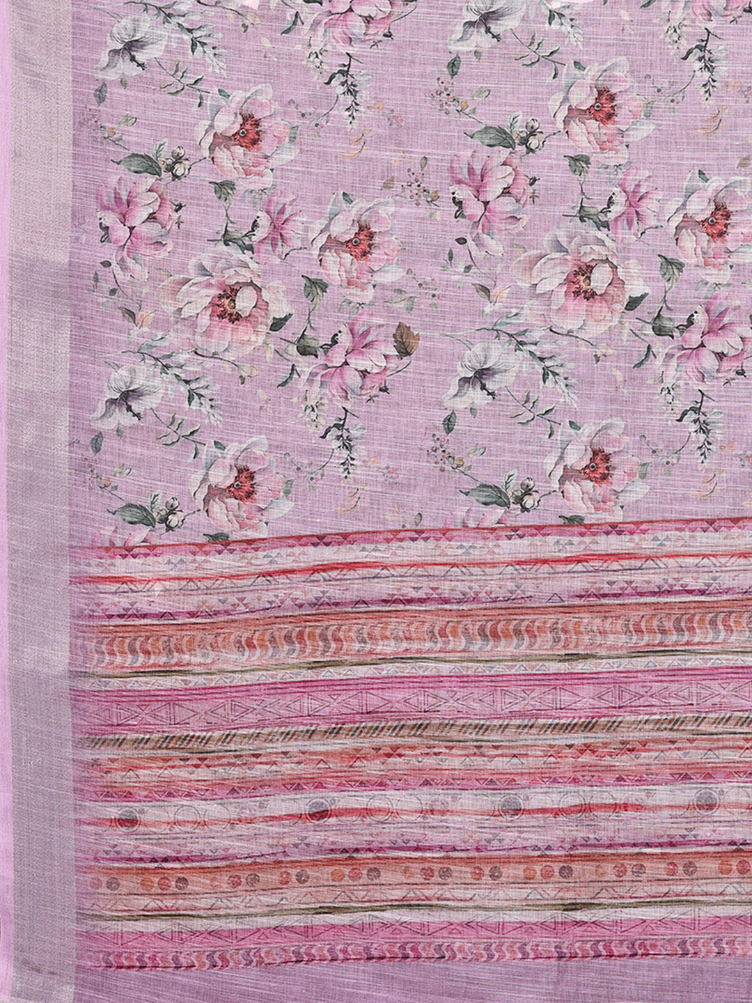 Janasya Lavender Cotton Linen Floral Printed Saree | Swadesiicart