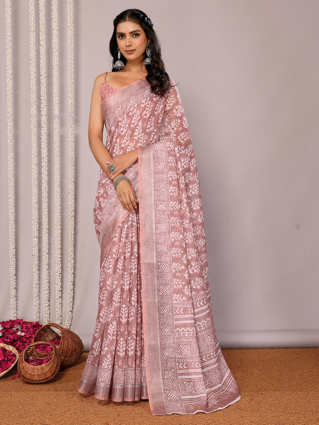 Janasya Mauve Cotton Linen Block Print Printed Saree | Swadesiicart