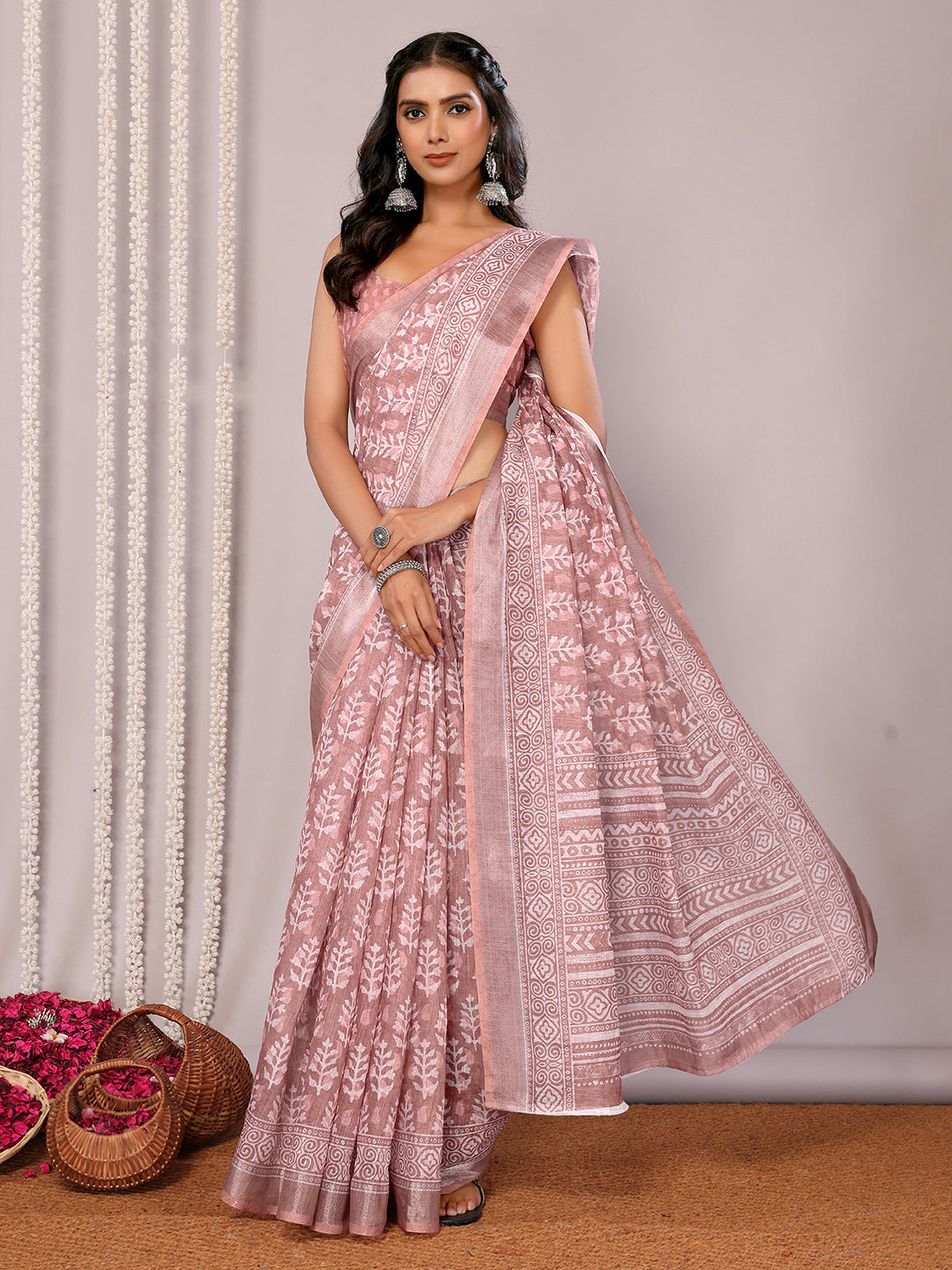 Janasya Mauve Cotton Linen Block Print Printed Saree | Swadesiicart