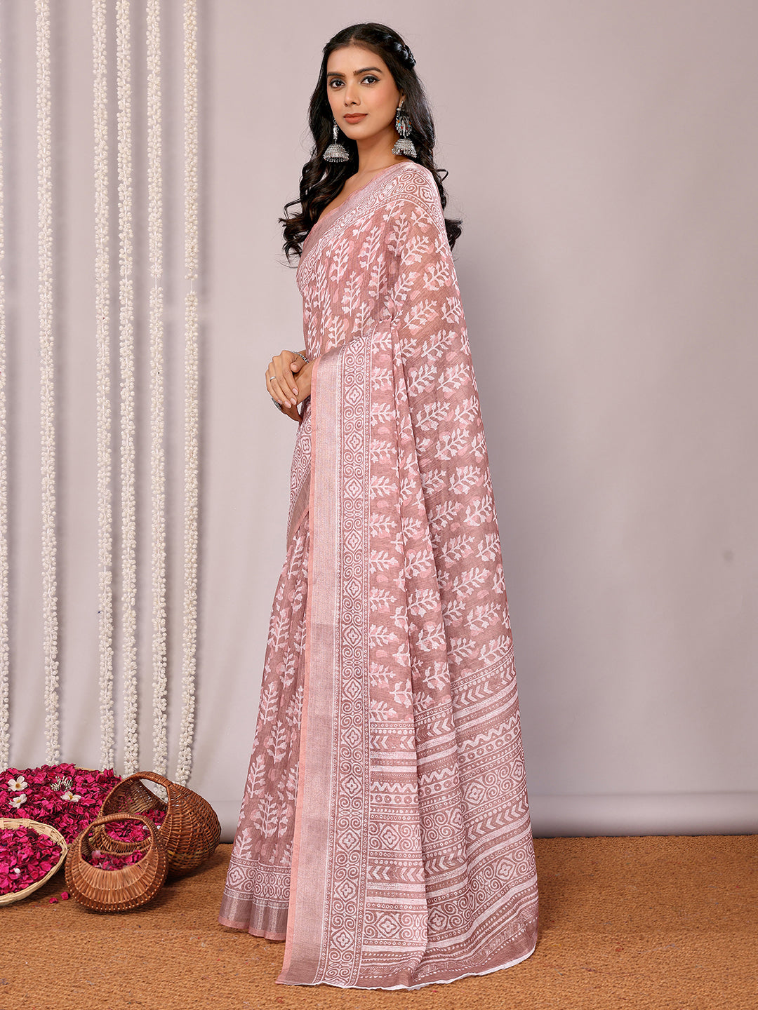 Janasya Mauve Cotton Linen Block Print Printed Saree | Swadesiicart