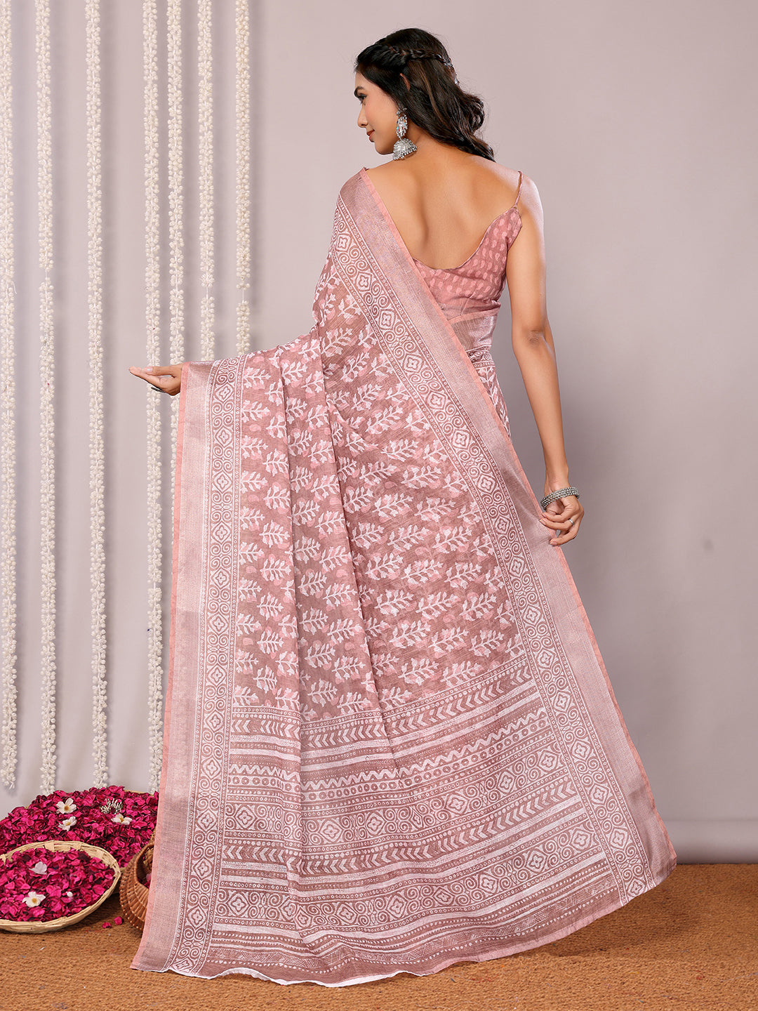 Janasya Mauve Cotton Linen Block Print Printed Saree | Swadesiicart