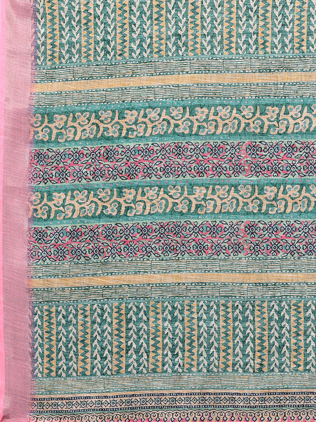 Janasya Green Cotton Linen Chevron Printed Saree | Swadesiicart