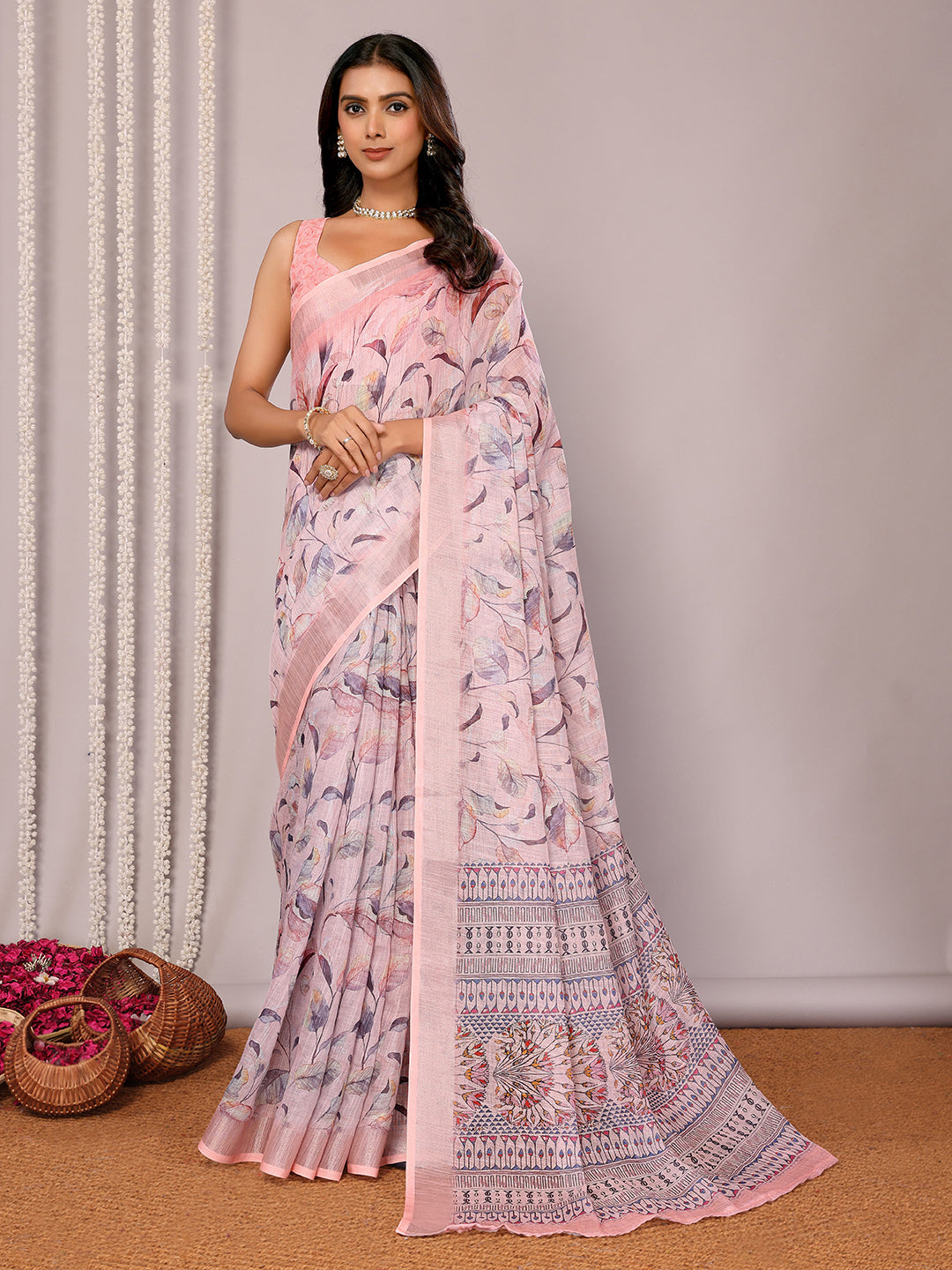 Janasya Light Pink Cotton Linen Floral Printed Saree | Swadesiicart