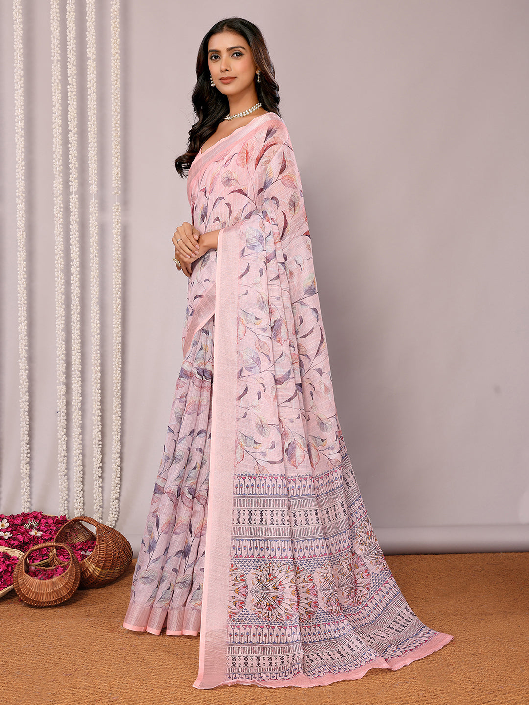 Janasya Light Pink Cotton Linen Floral Printed Saree | Swadesiicart