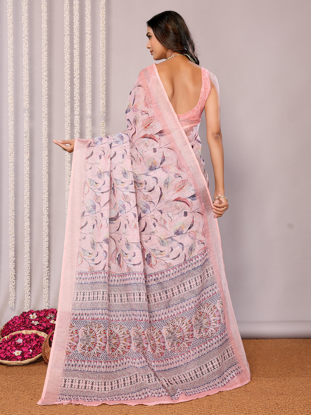 Janasya Light Pink Cotton Linen Floral Printed Saree | Swadesiicart