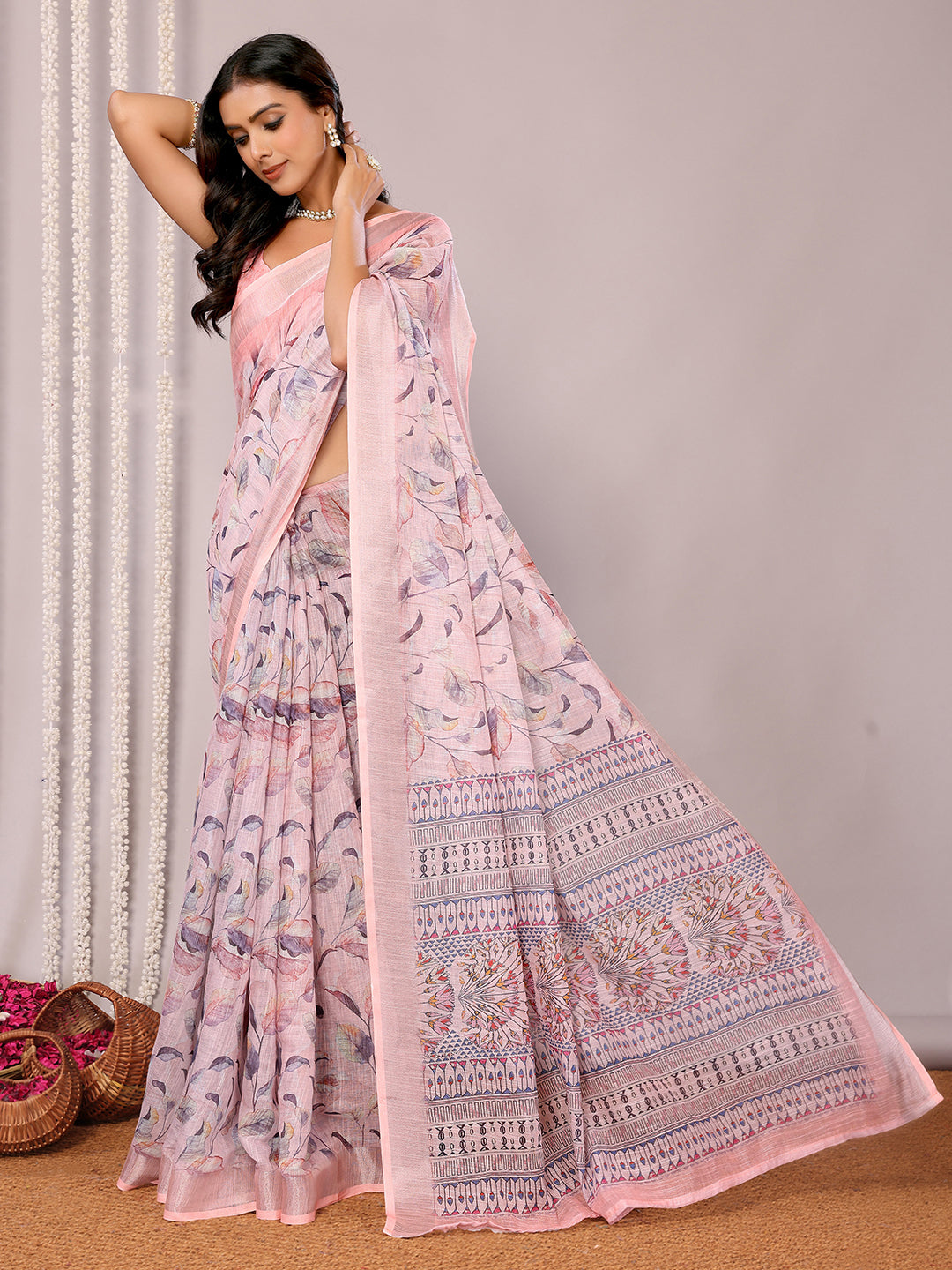 Janasya Light Pink Cotton Linen Floral Printed Saree | Swadesiicart