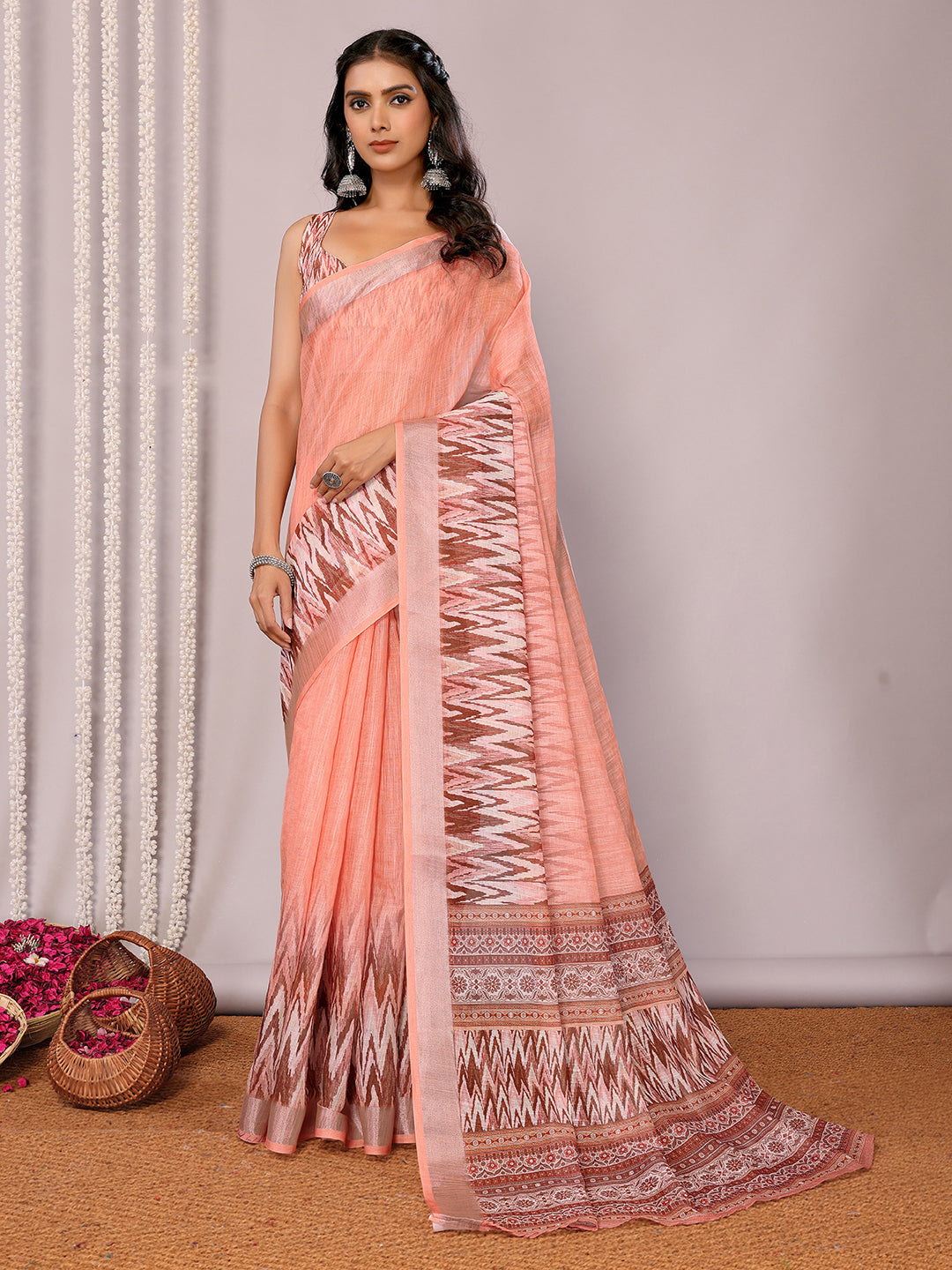 Janasya Peach Cotton Linen Ikkat Printed Saree | Swadesiicart