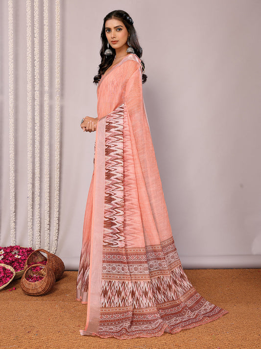 Janasya Peach Cotton Linen Ikkat Printed Saree | Swadesiicart