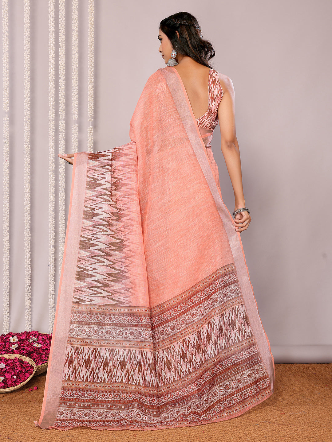 Janasya Peach Cotton Linen Ikkat Printed Saree | Swadesiicart
