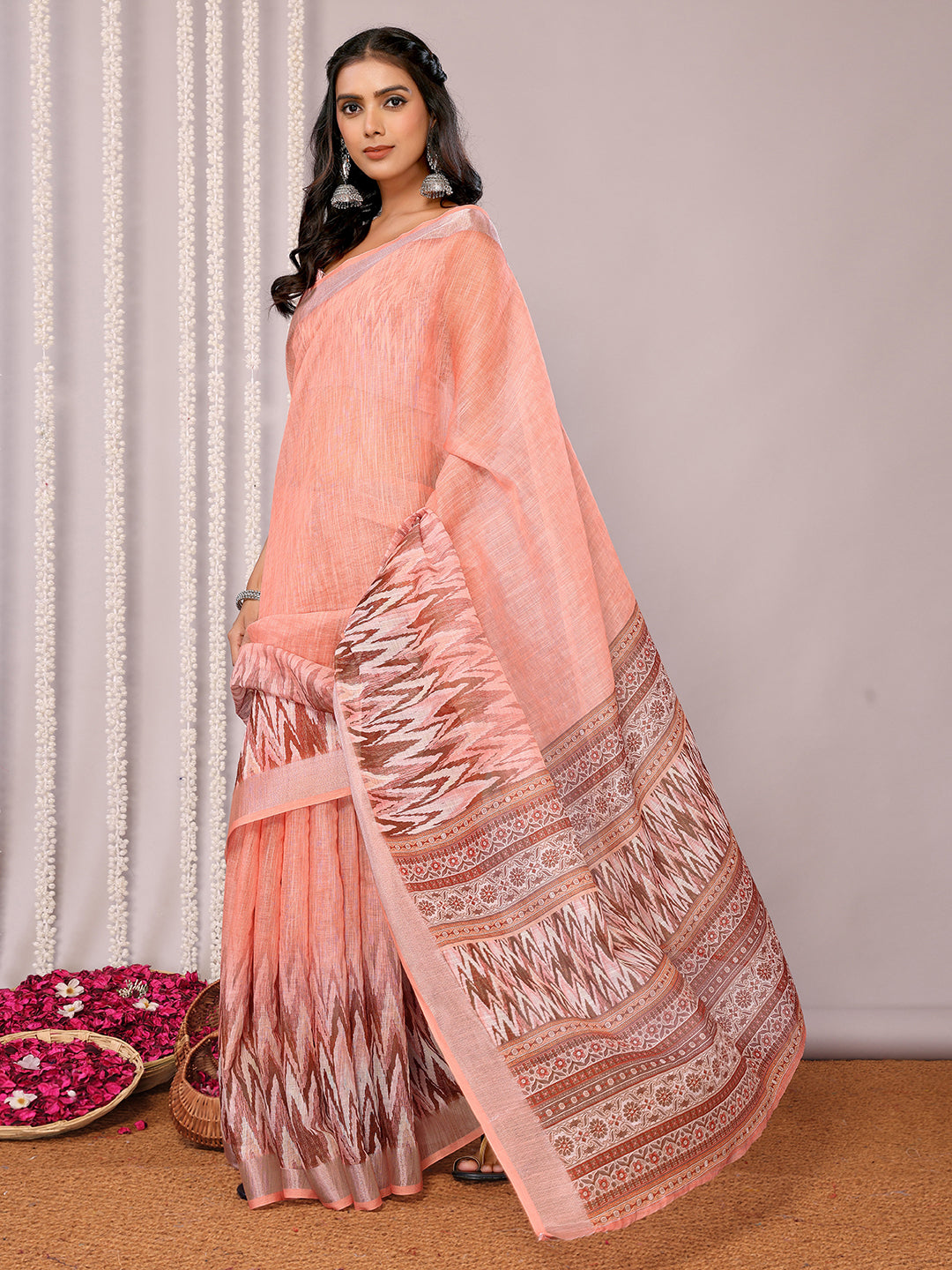 Janasya Peach Cotton Linen Ikkat Printed Saree | Swadesiicart