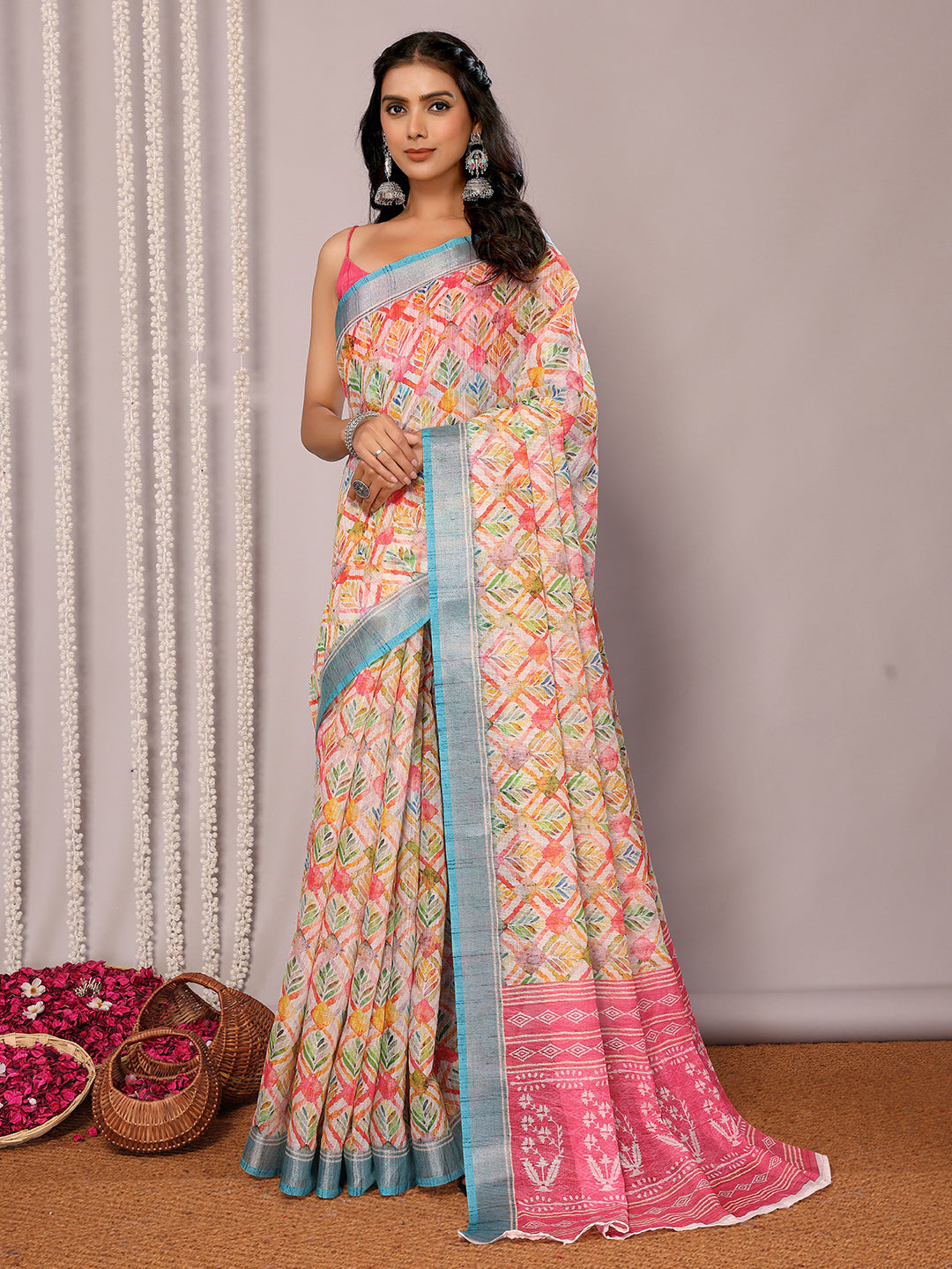 Janasya Multicolor Cotton Linen Floral Printed Saree | Swadesiicart