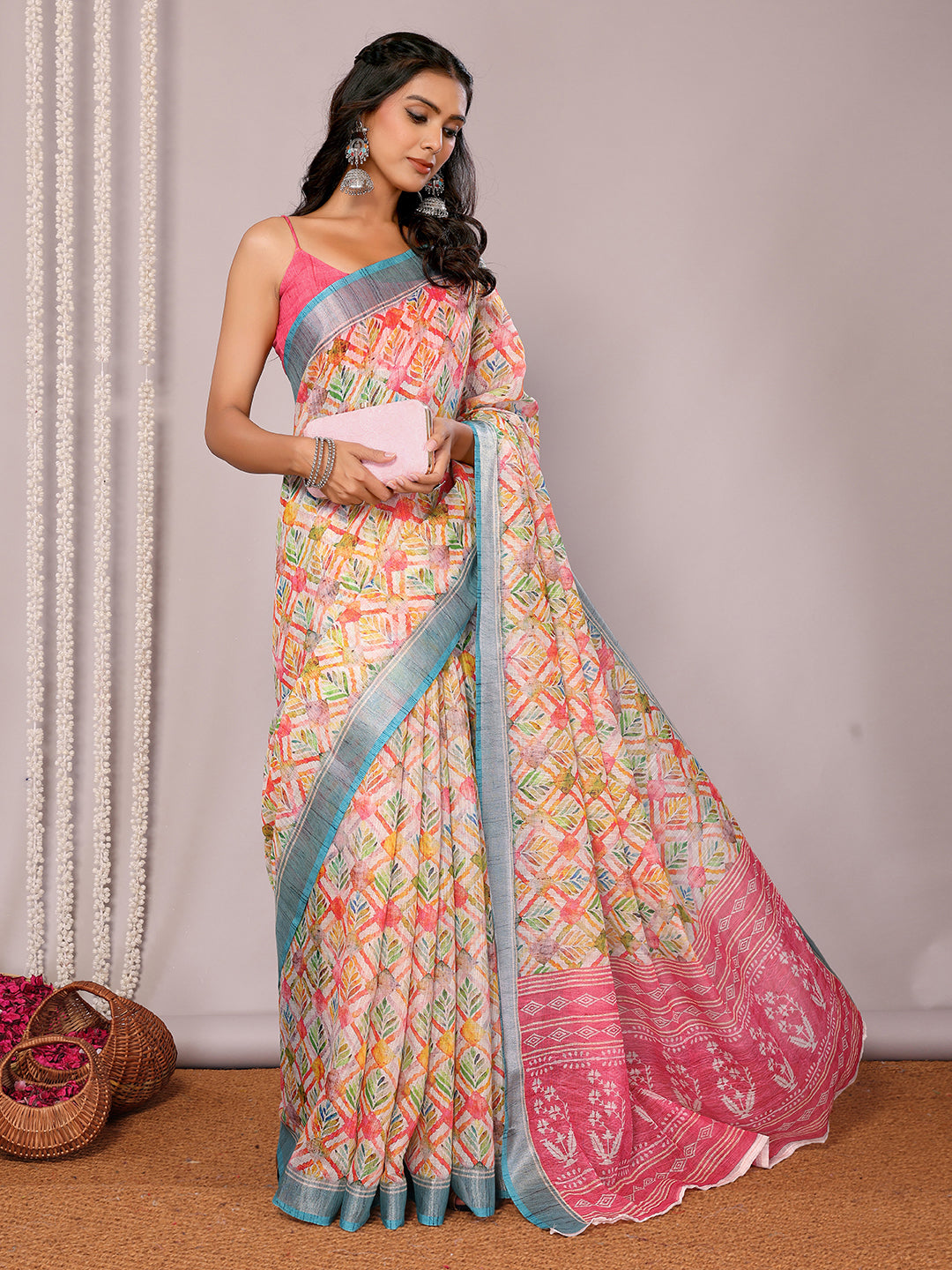 Janasya Multicolor Cotton Linen Floral Printed Saree | Swadesiicart