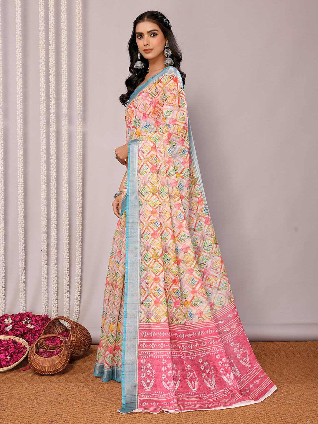 Janasya Multicolor Cotton Linen Floral Printed Saree | Swadesiicart