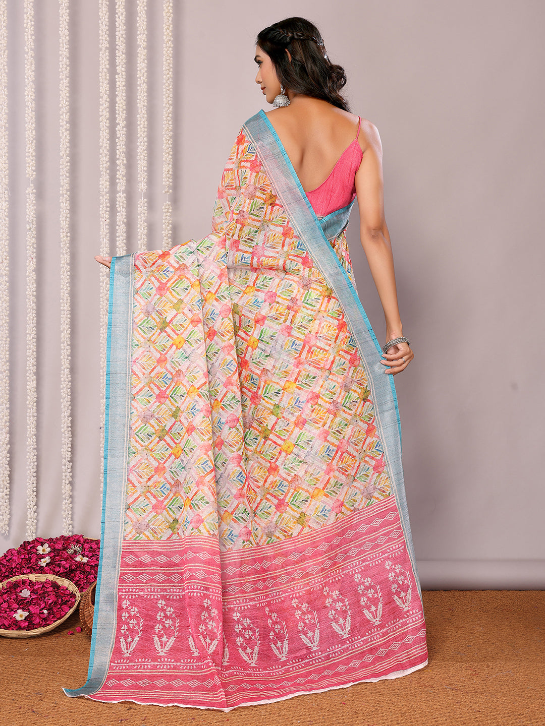 Janasya Multicolor Cotton Linen Floral Printed Saree | Swadesiicart