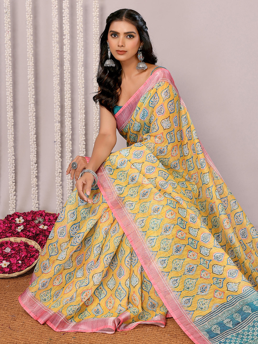 Janasya Yellow Cotton Linen Ethnic Motifs Printed Saree | Swadesiicart
