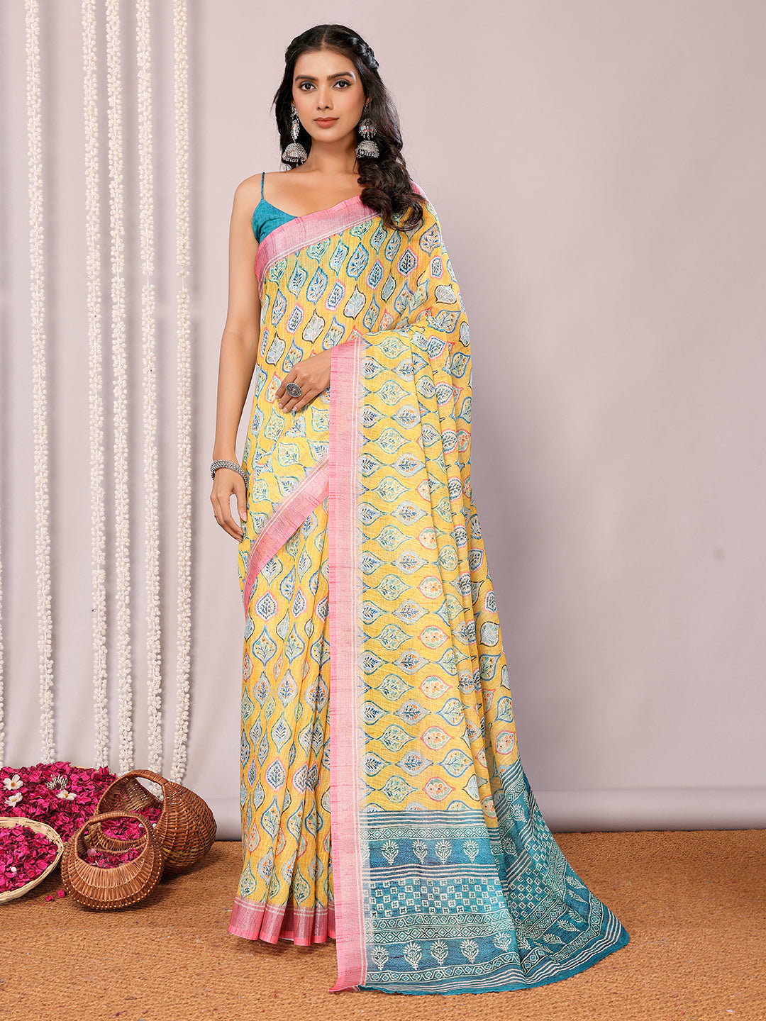 Janasya Yellow Cotton Linen Ethnic Motifs Printed Saree | Swadesiicart