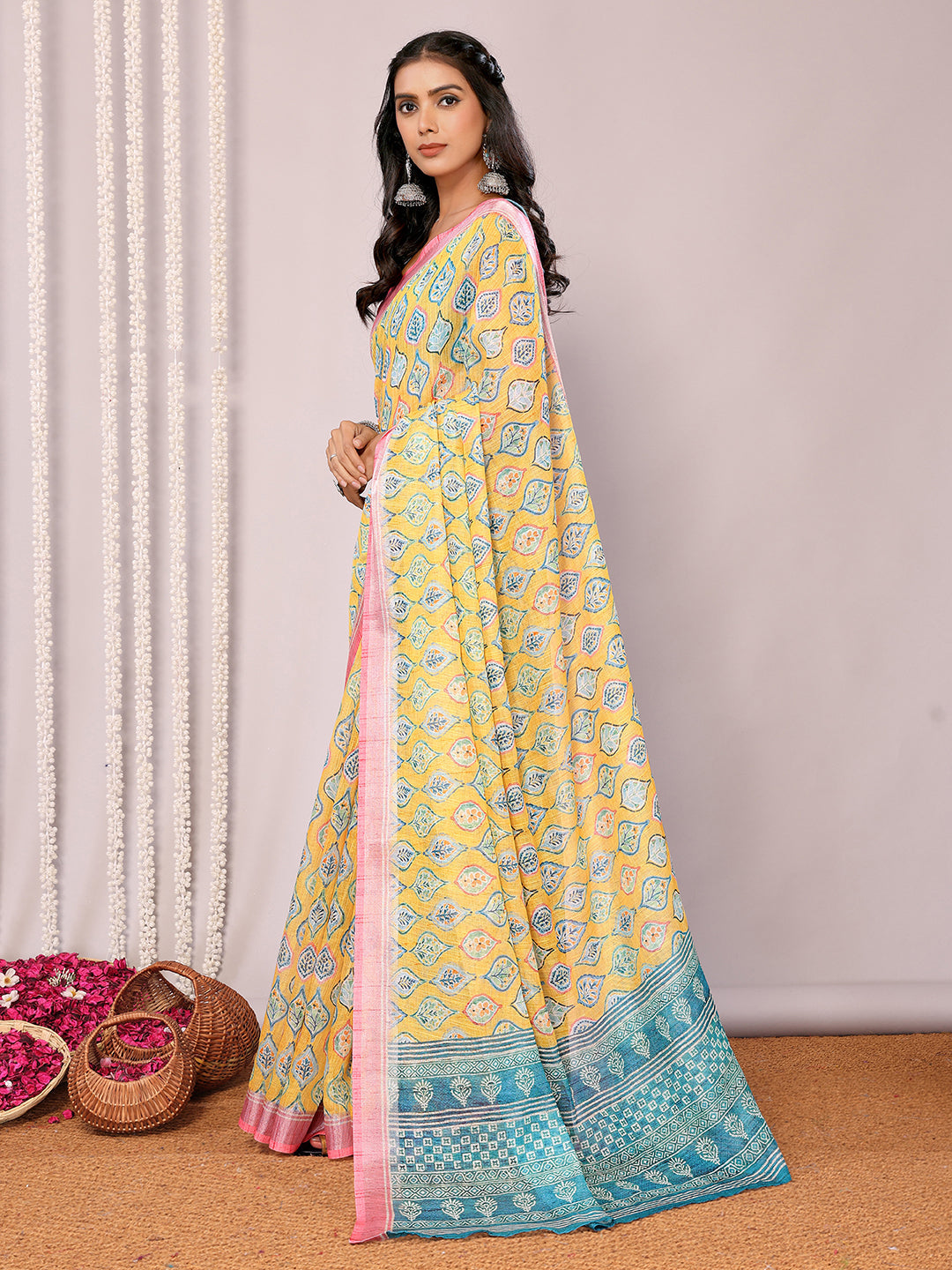 Janasya Yellow Cotton Linen Ethnic Motifs Printed Saree | Swadesiicart