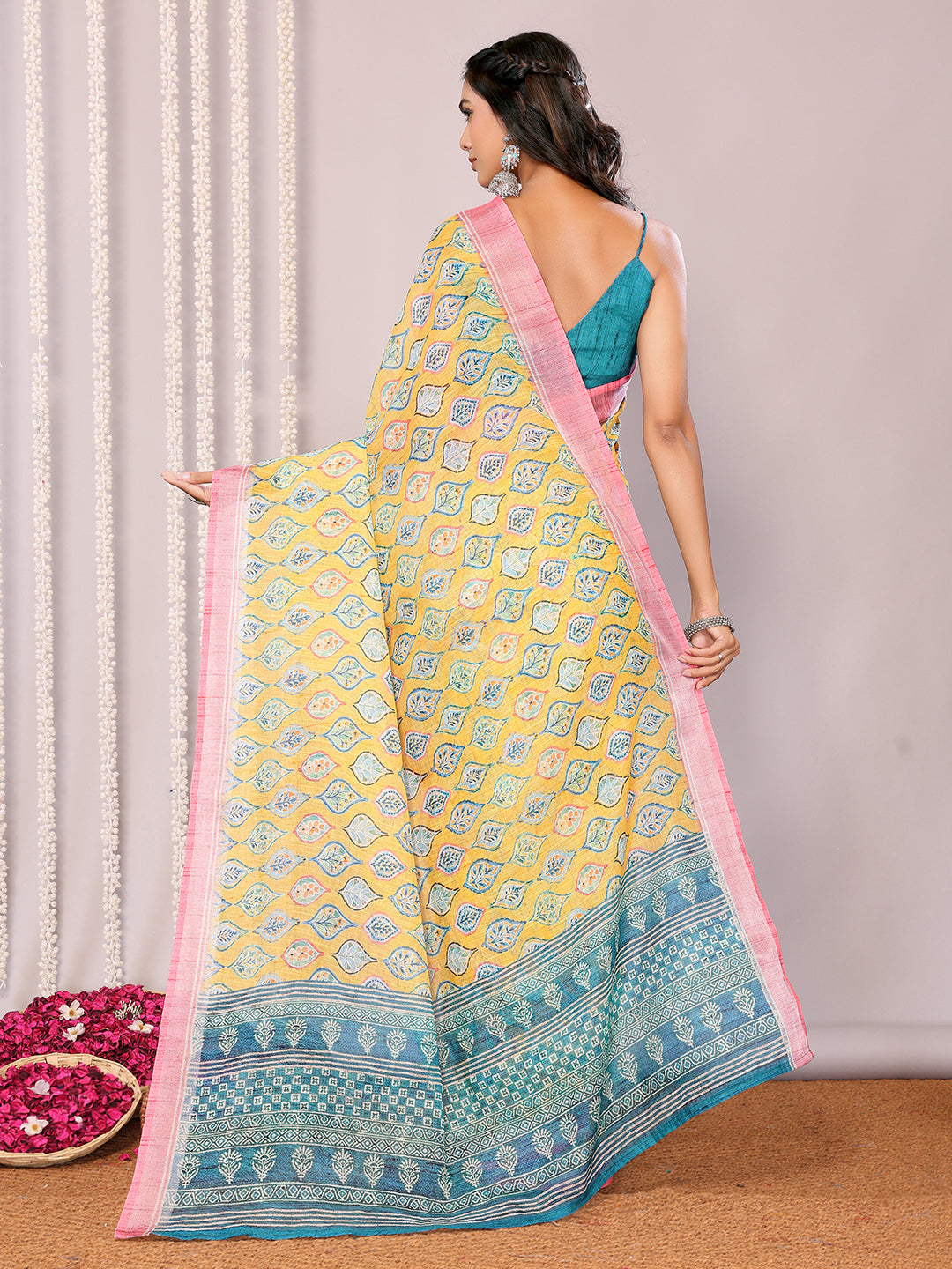 Janasya Yellow Cotton Linen Ethnic Motifs Printed Saree | Swadesiicart